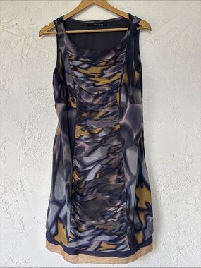 Andrew Marc Navy and Mustard Sleeveless Ruched Print Mini Dress